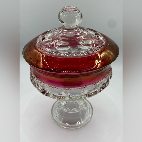 Tiffin-Franciscan Kings Crown Thumbprint Ruby Flashed Lidded Compote Candy Dish - Picture 6 of 13